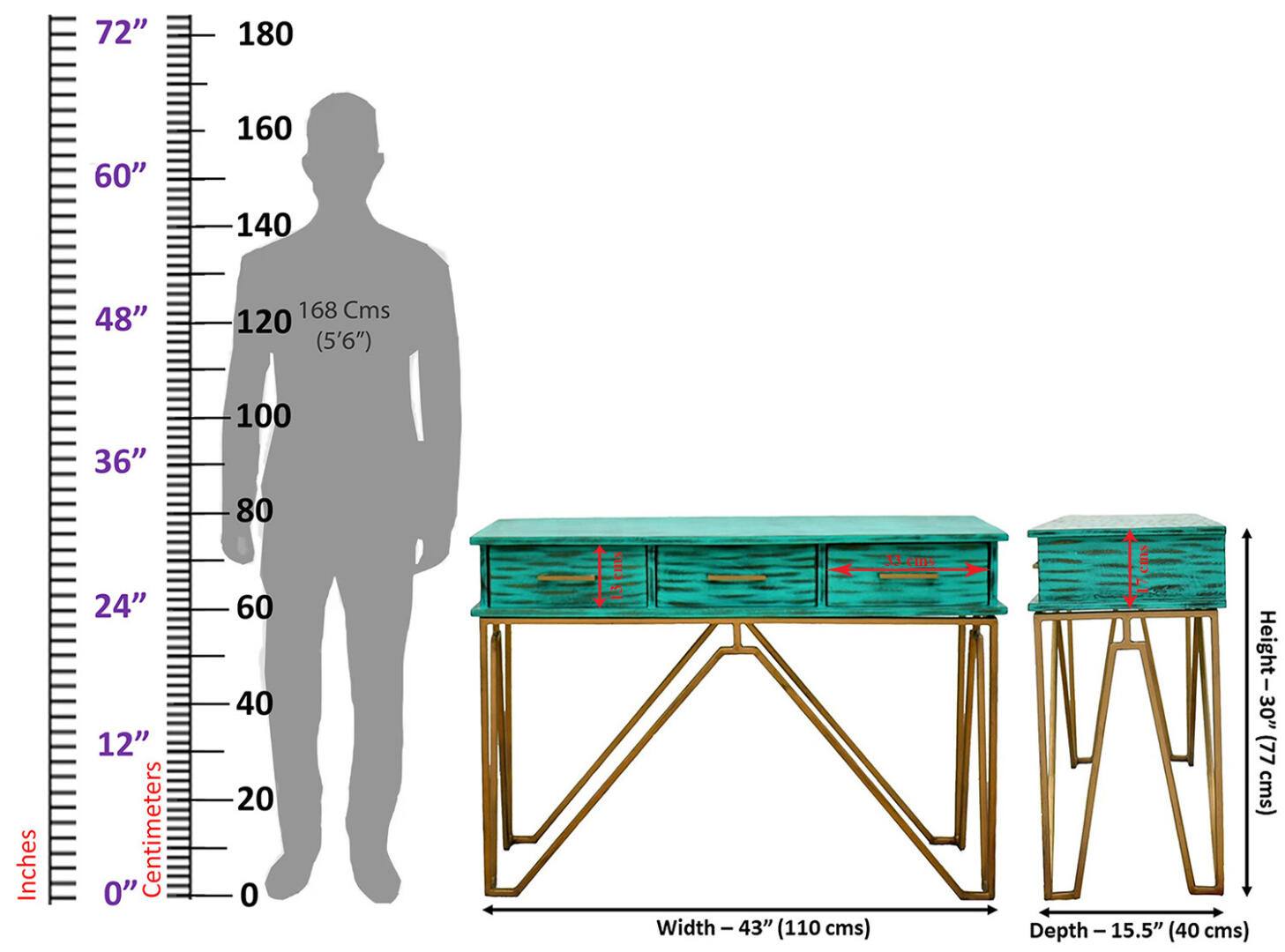 CASINO Console Hall green Table with Golden Finish